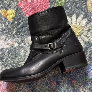 Frye Lynn Black Leather Strap Ankle Boots